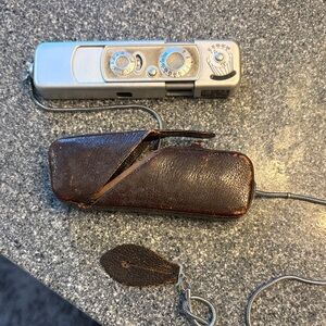 Vintage Silver Mini Camera with Brown Leather Case- antique spy camera